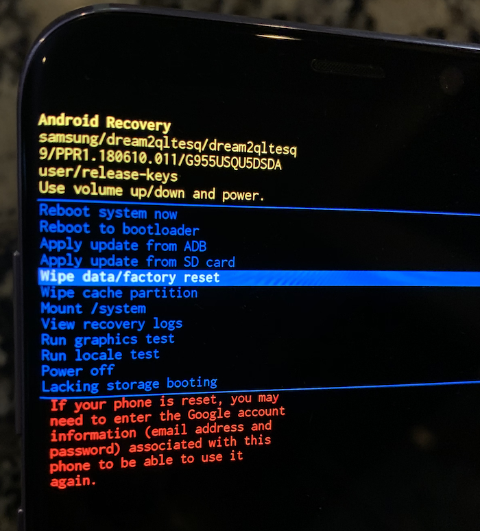 A Samsung Galaxy phone in Recovery Mode