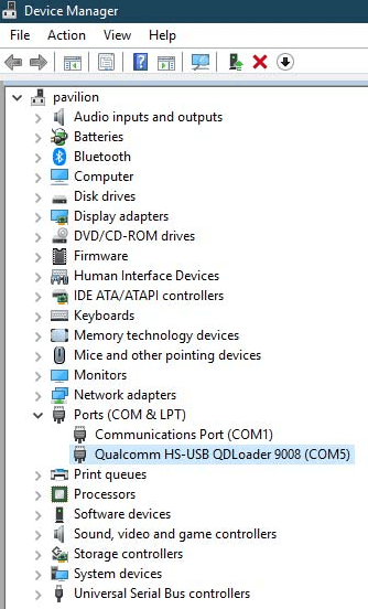 Qualcomm 9008 driver installation in Device Manager