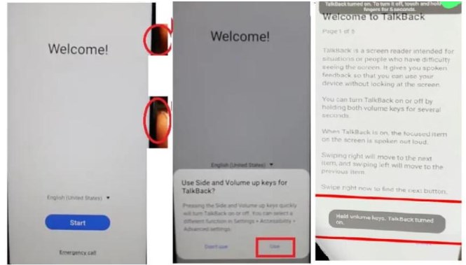 Step-by-step visual of the talkback frp method gesture and menu selection