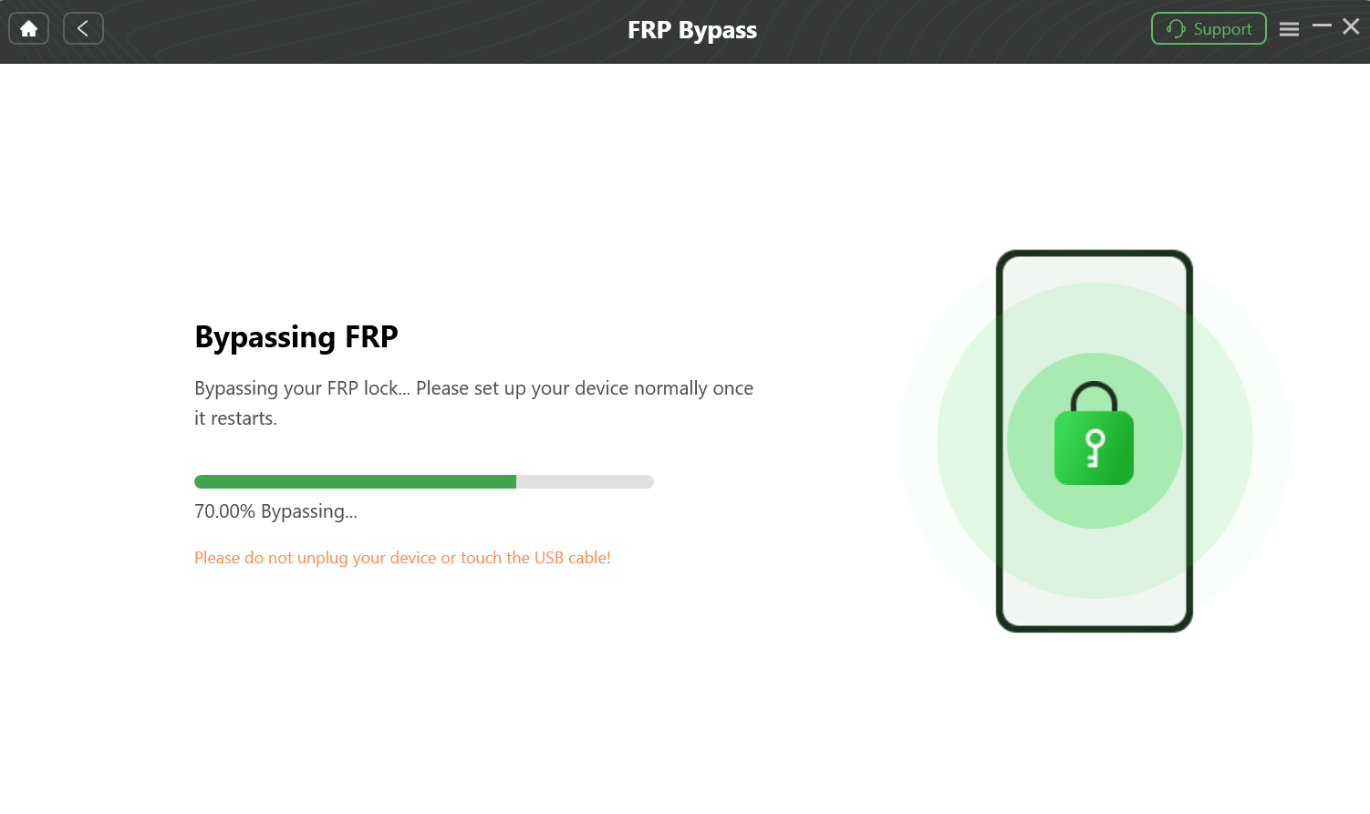 The DroidKit FRP bypass tool is in progress, showing that the Google lock is being removed from the connected Android device.