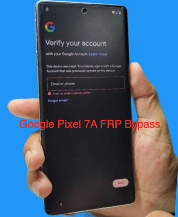 The Factory Reset Protection (FRP) lock screen on a Google Pixel 7a, asking the user to verify their Google account